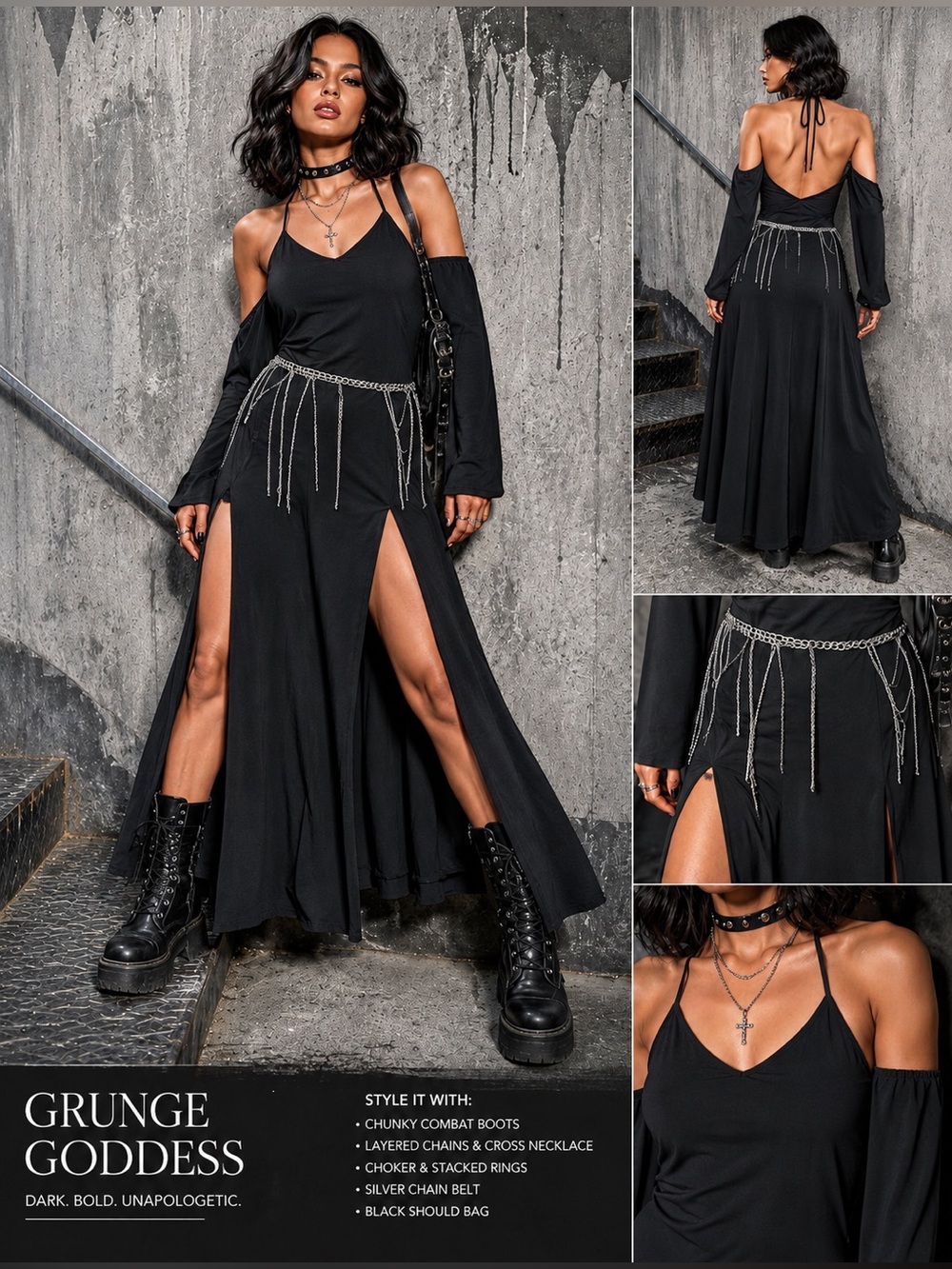 Grunge Goddess Black Maxi Dress with High Slits